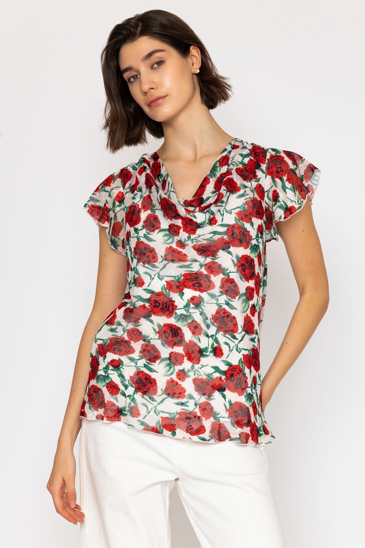 Short Sleeve Rose Print Cowl Neck Top