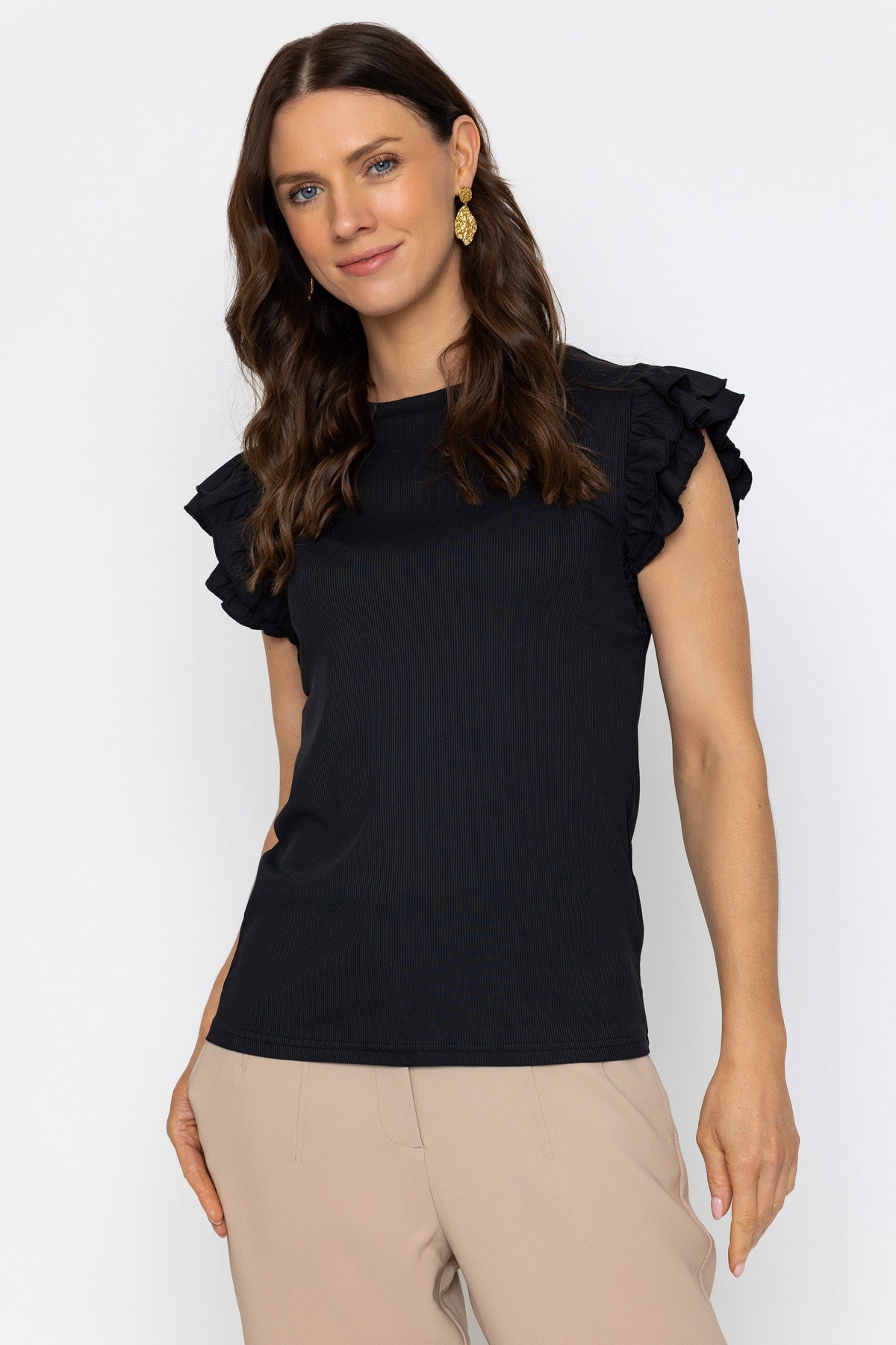 Black Ruffle Sleeve Jersey Top