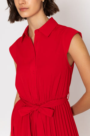 Short Sleeve Midi Pleated Dress in Red