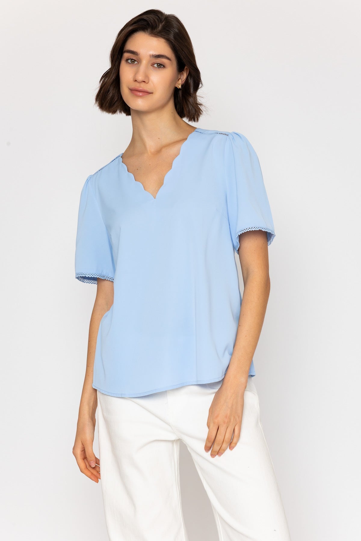 Blue Short Sleeved Top with Scallop Neck
