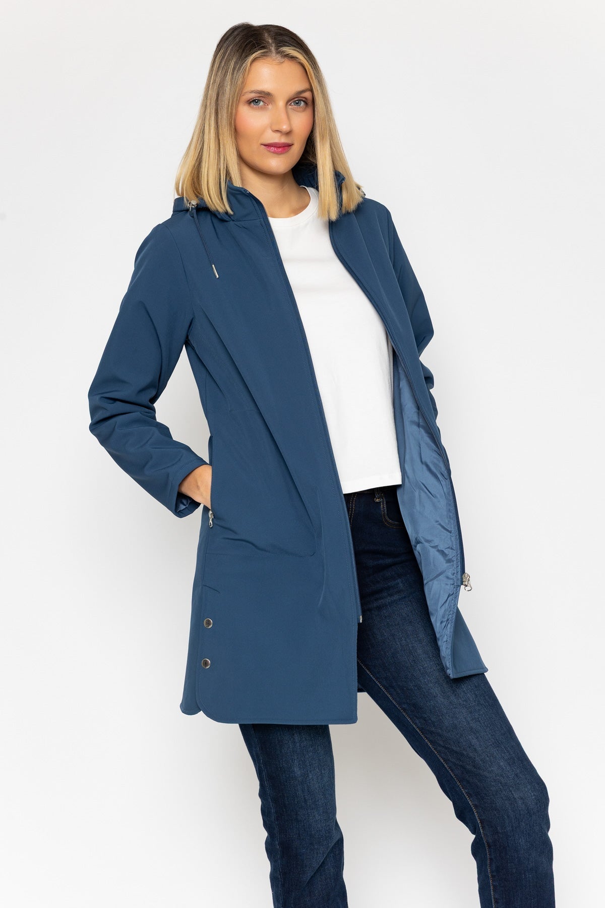 Hooded Soft Shell Rain Jacket in Blue Denim