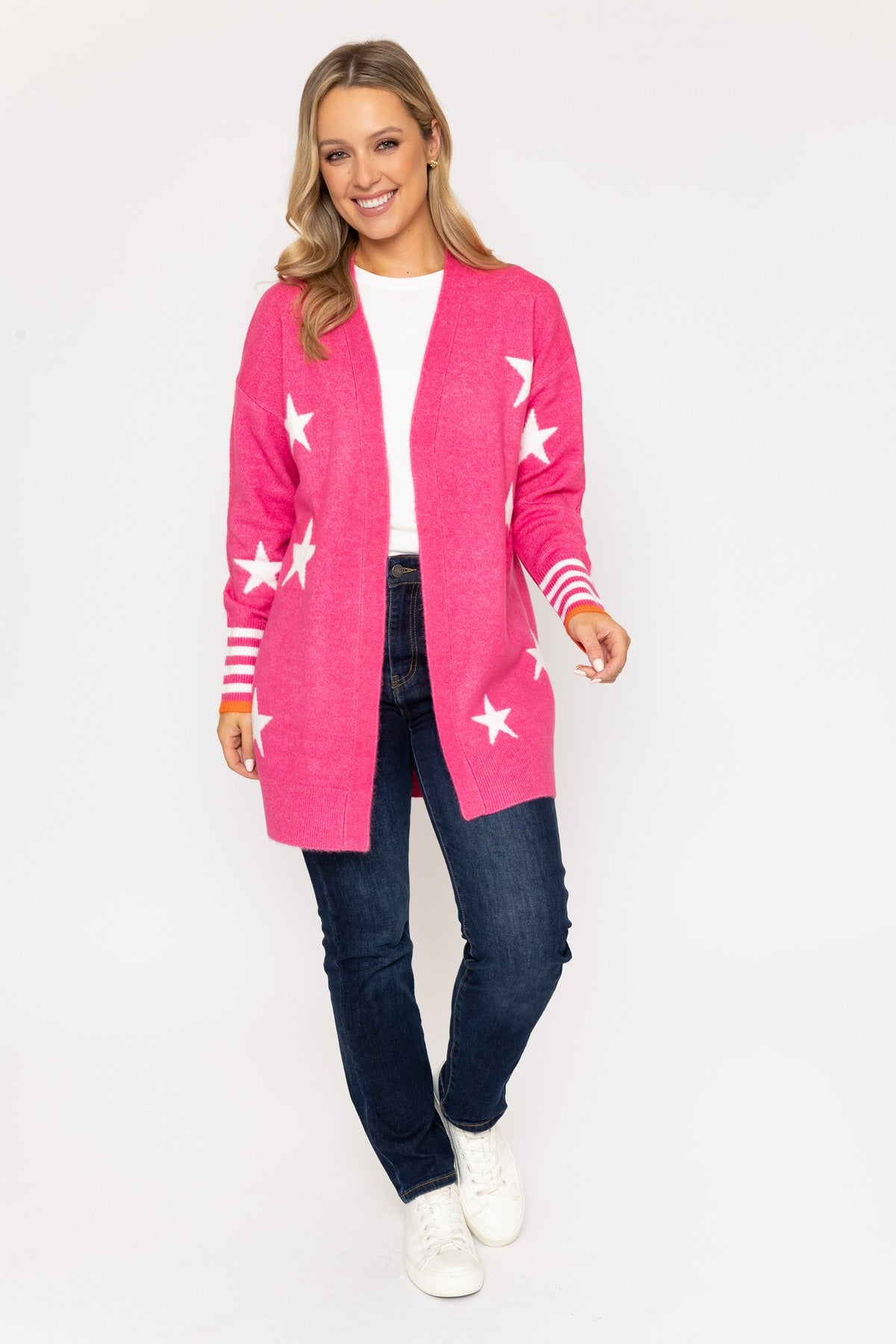 Star Print Longline Cardigan in Pink