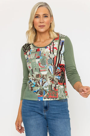 Carraig Donn 3/4 Length Sleeve Green Printed Top