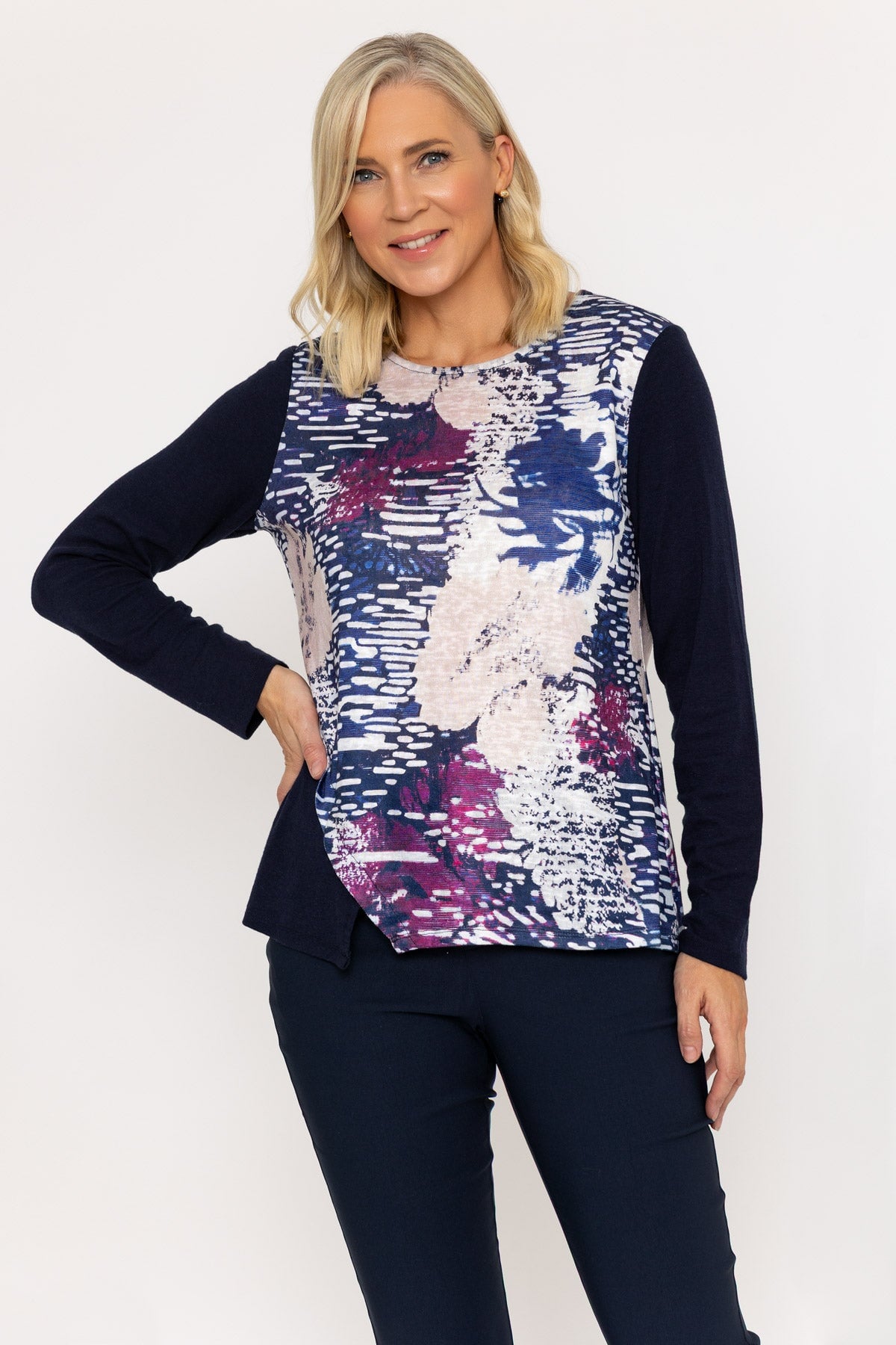 Abstract Print Long Sleeve Navy Top