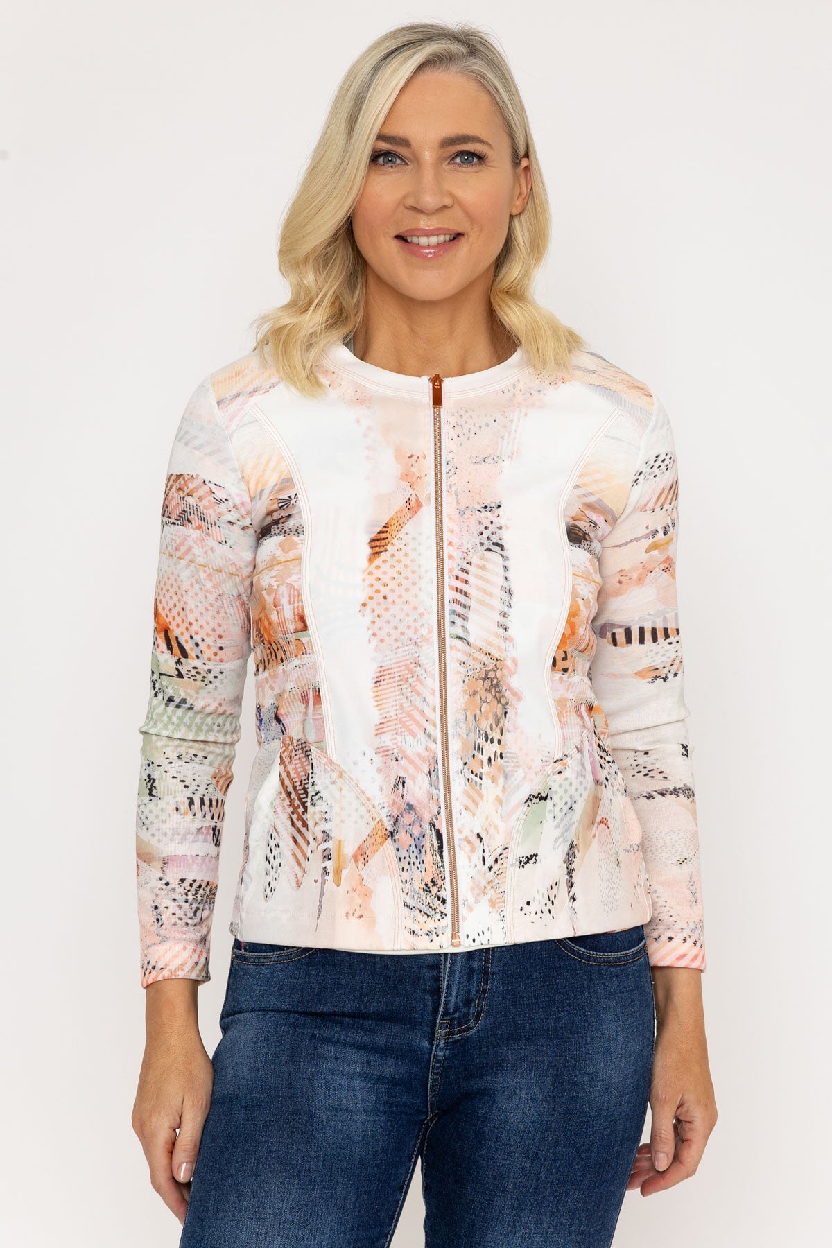 Abstract Printed Zip Up Jacket in Peach
