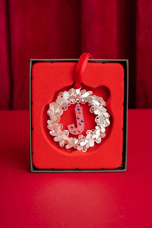 Letter J Metal Wreath With Red Ribbon Christmas Tree Decoration