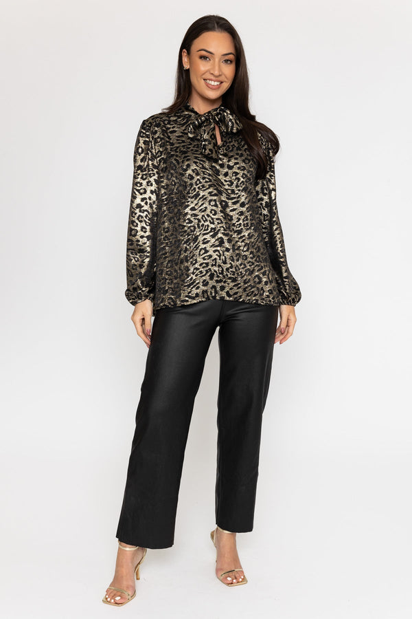 Carraig Donn Animal Print Metallic Pussybow Blouse