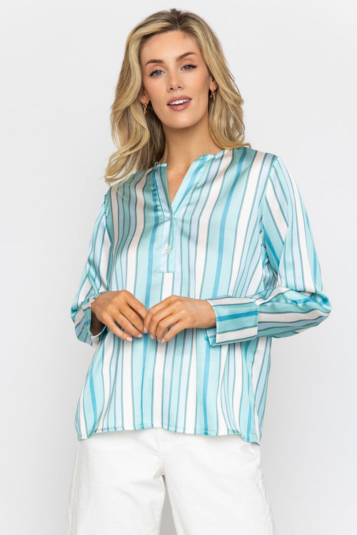 Aqua Print Sateen Long Sleeve Blouse