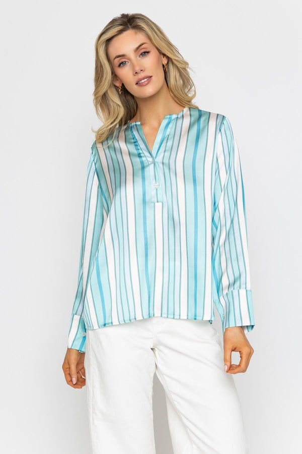 Carraig Donn Aqua Print Sateen Long Sleeve Blouse
