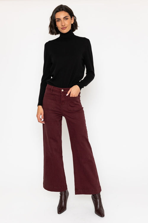 High Waist Flare Jeans with Patch Pockets in Burgundy