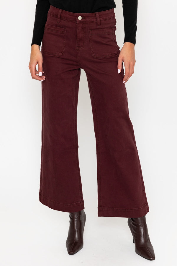 Carraig Donn Aw25 Patch Pocket Flare High Waist Jeans Burgundy