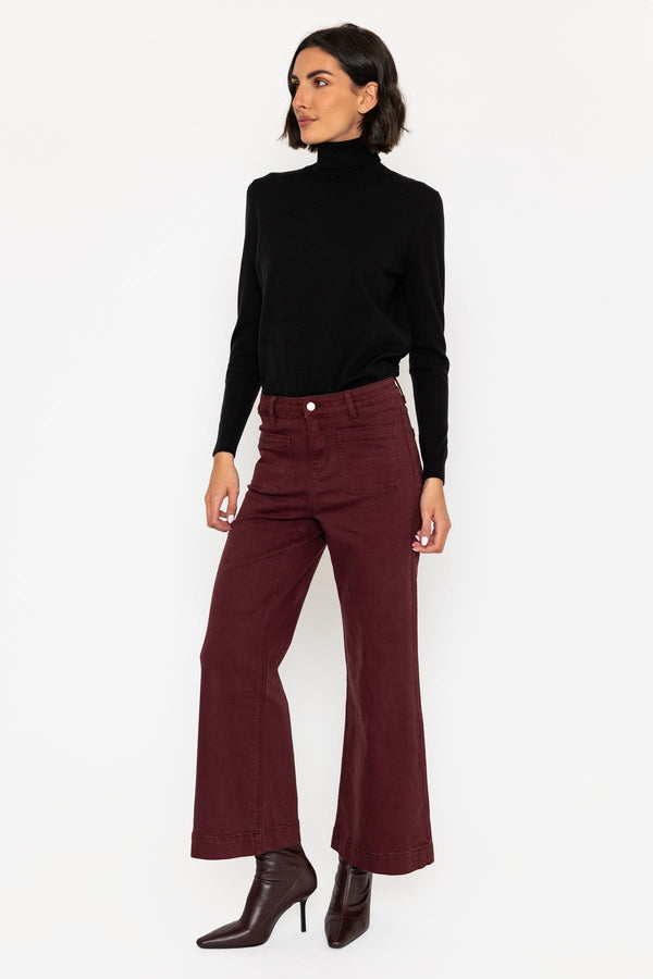 Carraig Donn Aw25 Patch Pocket Flare High Waist Jeans Burgundy