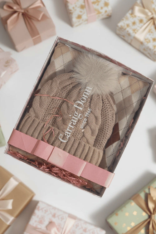 Beige Cable Knit Hat & Scarf Gift Set