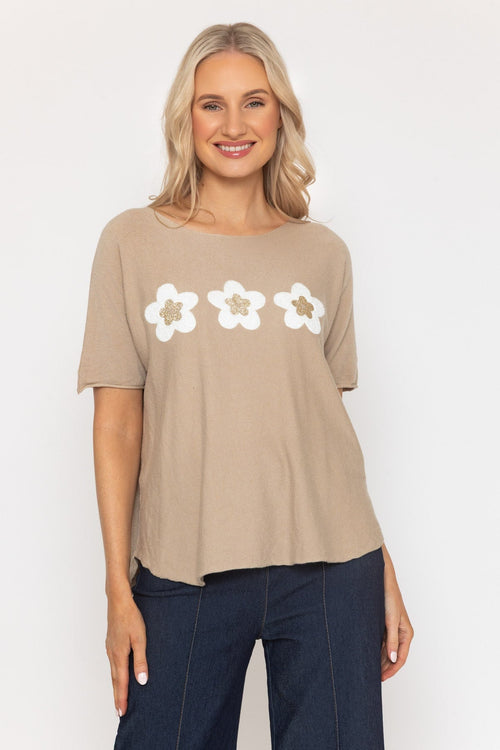Beige Floral Short Sleeve Knit