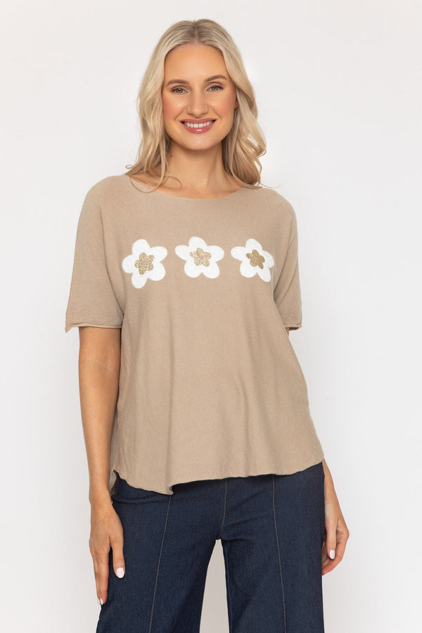 Carraig Donn Beige Floral Short Sleeve Knit