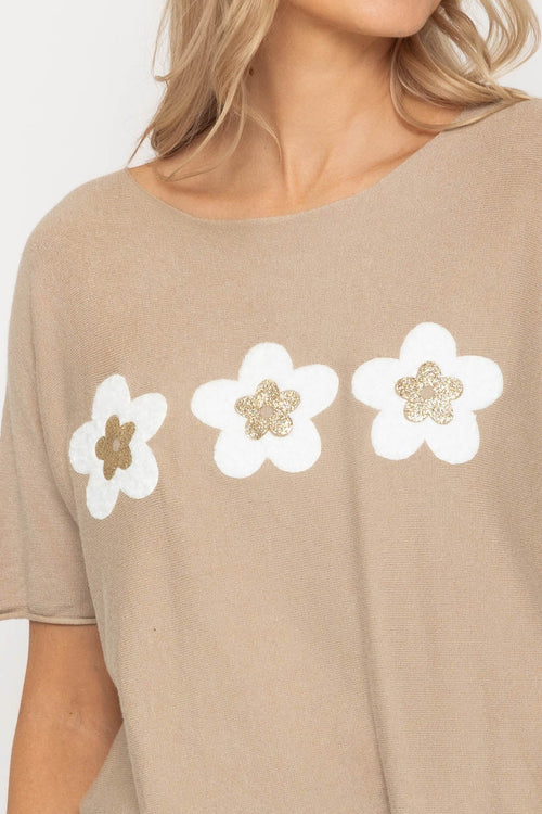 Carraig Donn Beige Floral Short Sleeve Knit