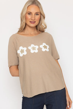 Carraig Donn Beige Floral Short Sleeve Knit