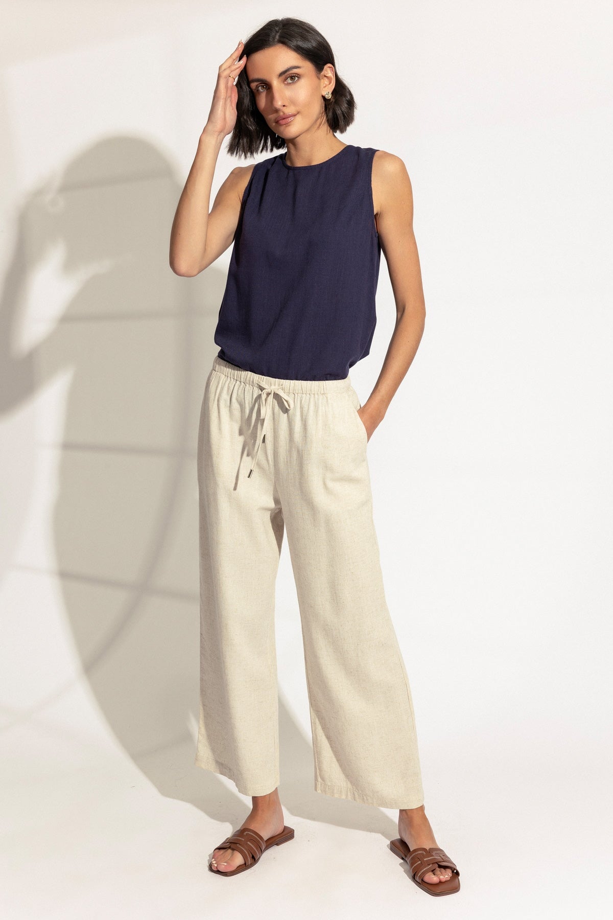Beige Linen Blend Wide Leg Trousers