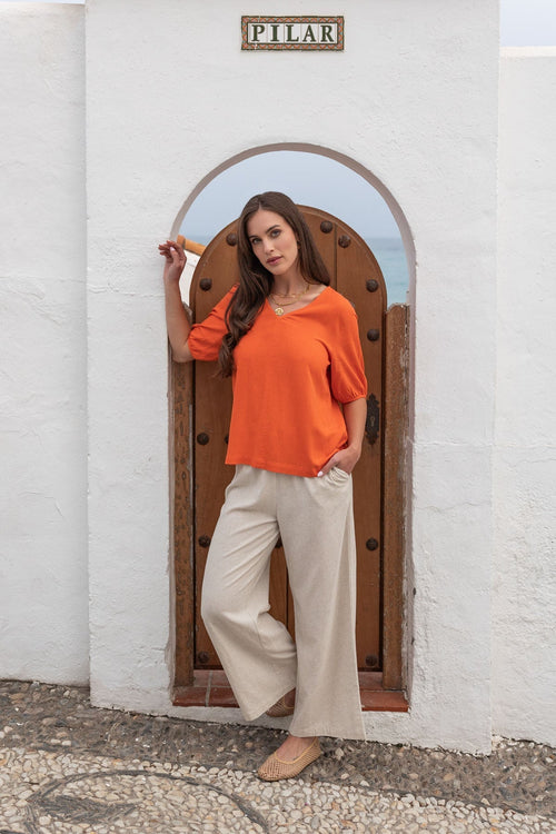 Beige Linen Blend Wide Leg Trousers