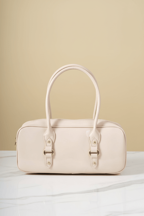 Beige Patent Baguette Bag