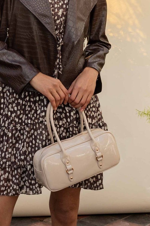 Beige Patent Baguette Bag