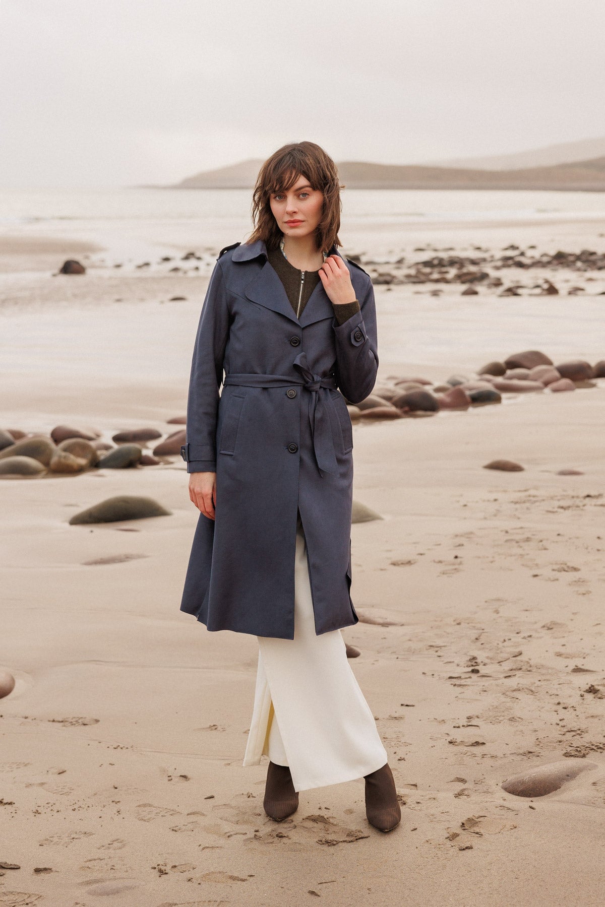Belted Twill Trench Coat in Navy