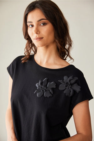 Carraig Donn Black 3D Flower Short Sleeve Top