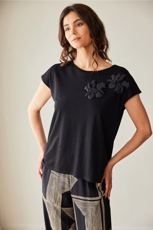Carraig Donn Black 3D Flower Short Sleeve Top
