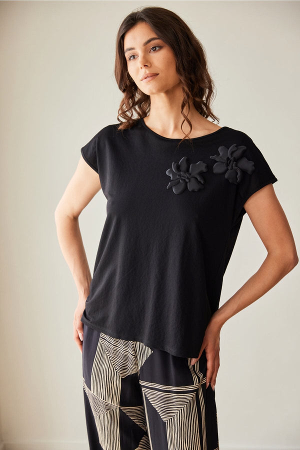 Carraig Donn Black 3D Flower Short Sleeve Top
