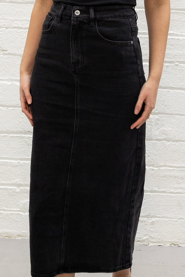 Carraig Donn Black Denim Midi Skirt