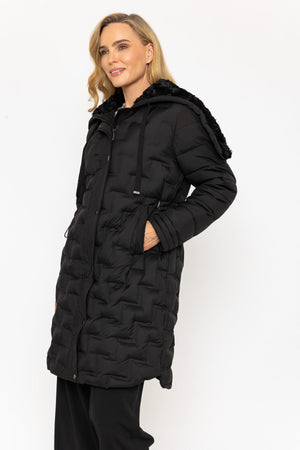 Carraig Donn Black Embossed Quilt Coat With Fur Lined Hood