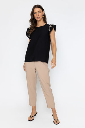 Carraig Donn Black Embroidered Frill Sleeve Top