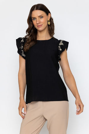 Carraig Donn Black Embroidered Frill Sleeve Top