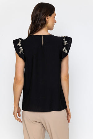 Carraig Donn Black Embroidered Frill Sleeve Top