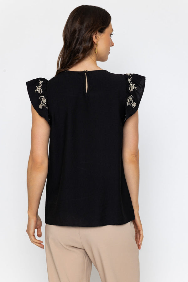Carraig Donn Black Embroidered Frill Sleeve Top