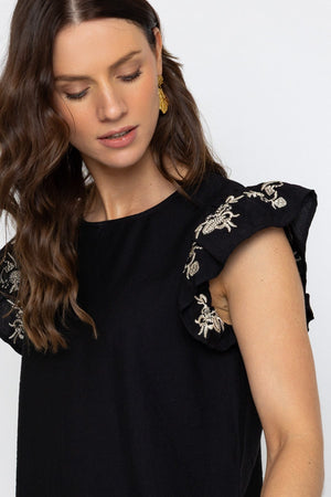 Carraig Donn Black Embroidered Frill Sleeve Top