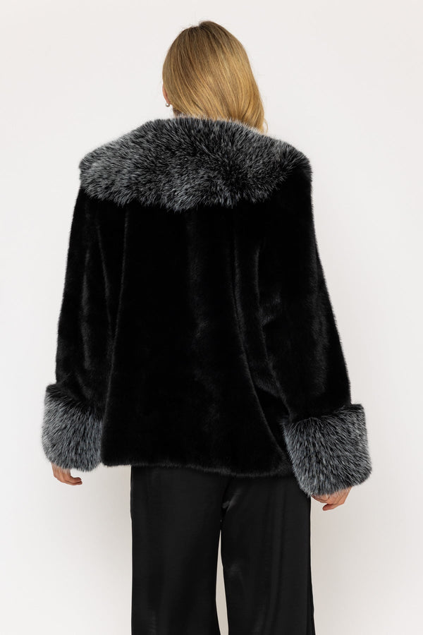 Carraig Donn Black Faux Fur Jacket With Trim On Front And Cuffs