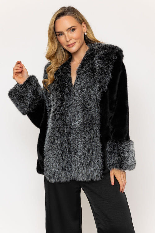 Black Faux Fur Jacket With Trim On Front And Cuffs
