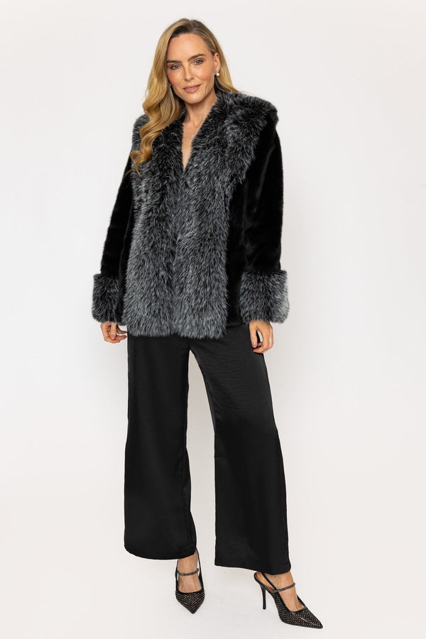 Carraig Donn Black Faux Fur Jacket With Trim On Front And Cuffs
