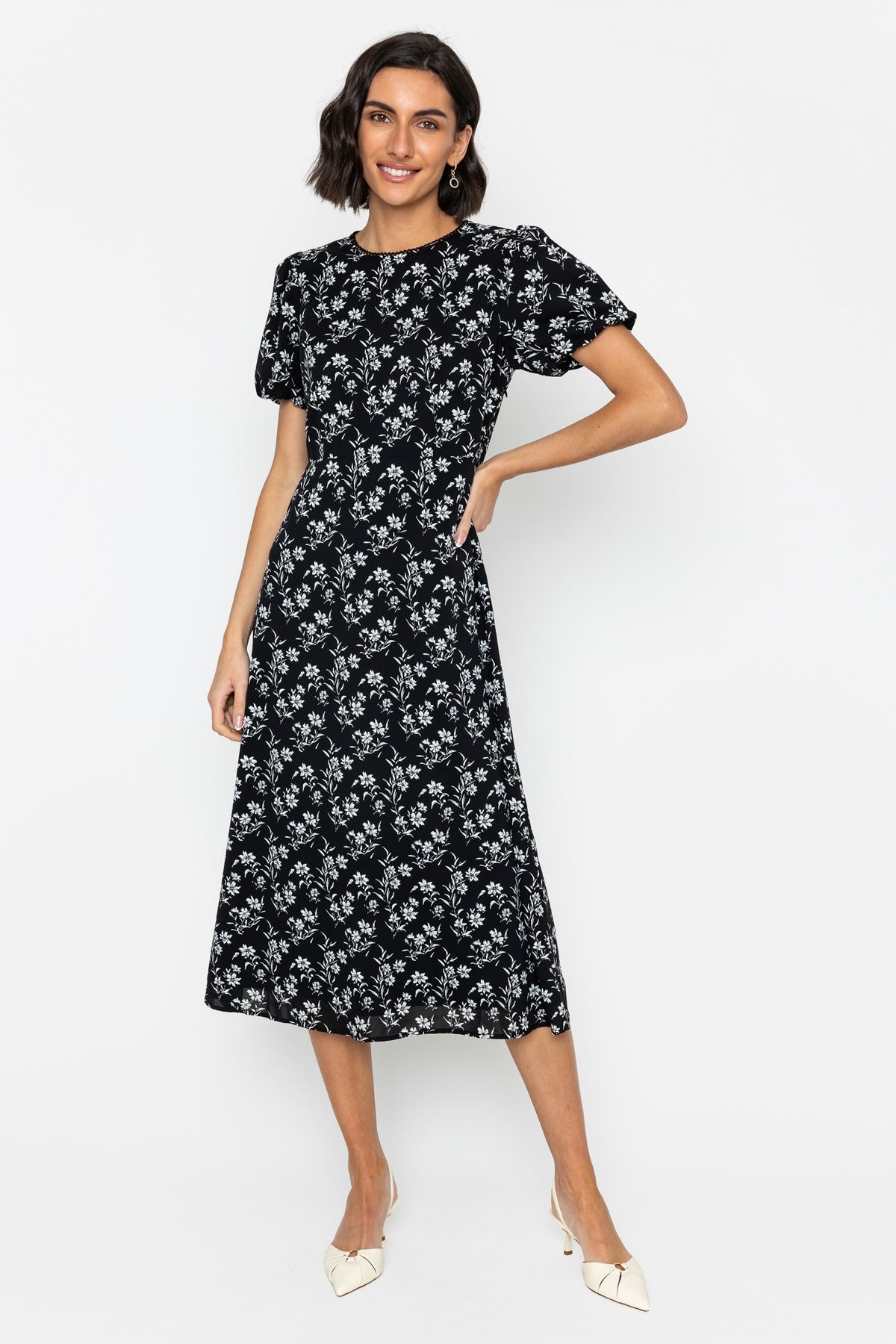 Black Floral Puff Sleeve Midi Dress