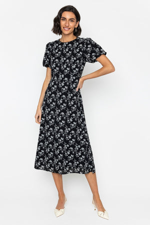 Carraig Donn Black Floral Puff Sleeve Midi Dress