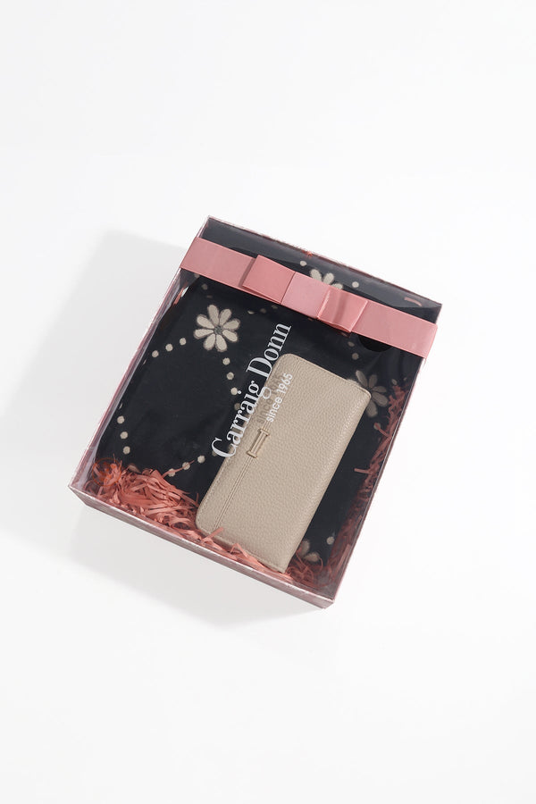 Carraig Donn Black Flower Scarf & Beige Purse Gift Set