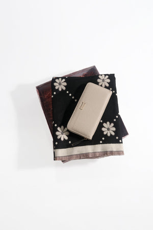 Carraig Donn Black Flower Scarf & Beige Purse Gift Set