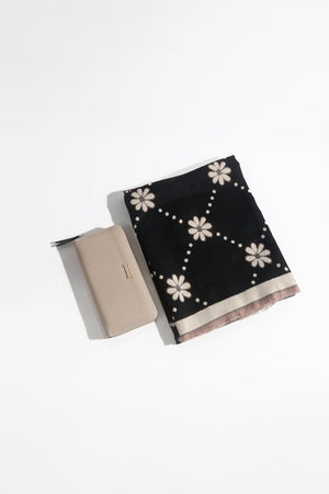 Carraig Donn Black Flower Scarf & Beige Purse Gift Set