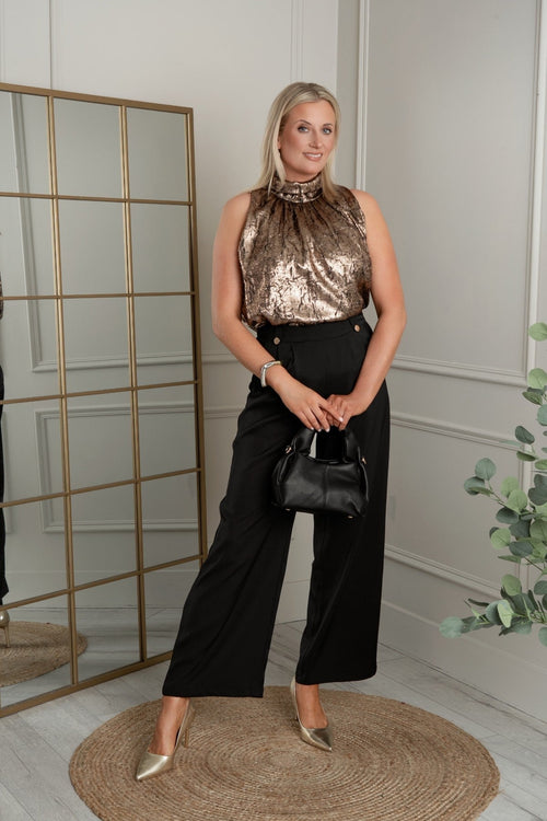 Black High-Waist Trousers with Gold Buttons