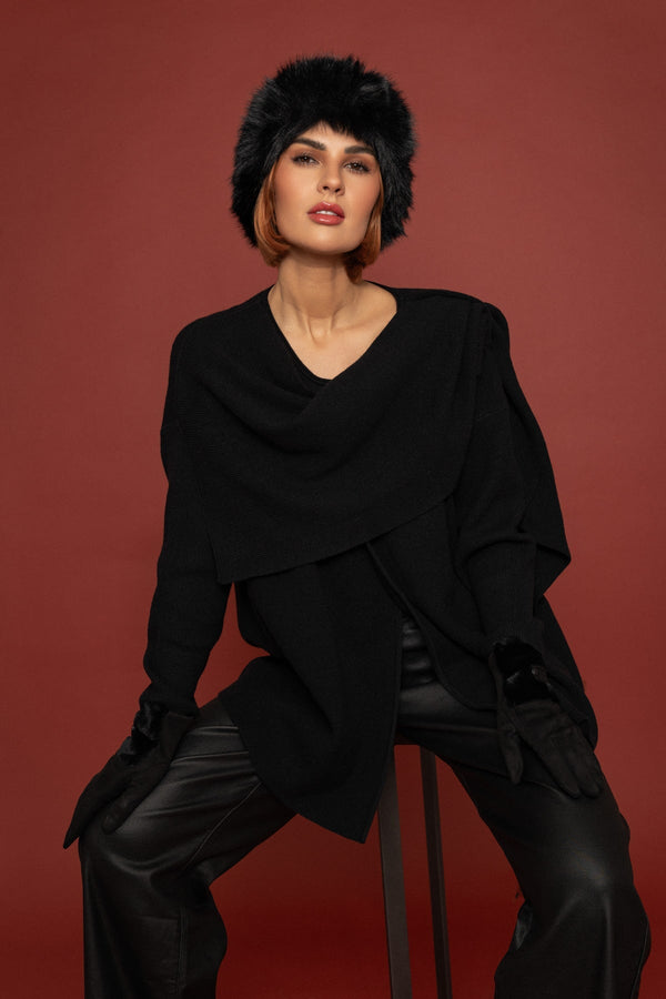 Carraig Donn Black Knit Cardigan with Scarf Detail