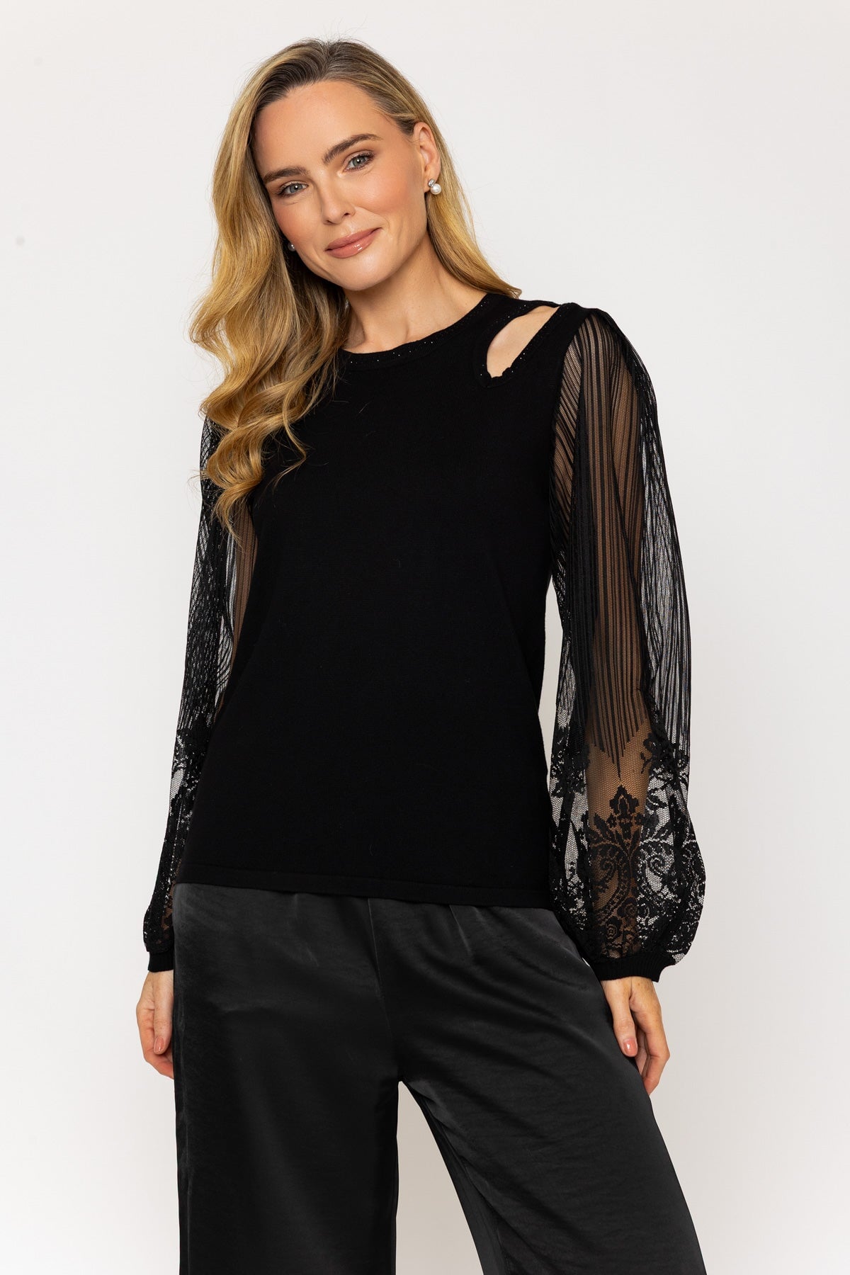 Calielle Knitted Top with Lace Collar and Scalloped Sleeve Ribbing