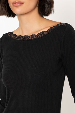 Carraig Donn Black Long Sleeve Lace Neck Ribbed Top