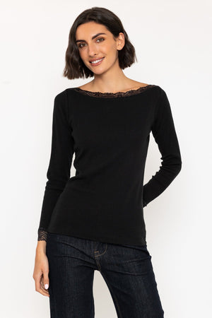 Carraig Donn Black Long Sleeve Lace Neck Ribbed Top