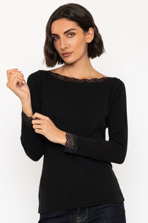 Carraig Donn Black Long Sleeve Lace Neck Ribbed Top